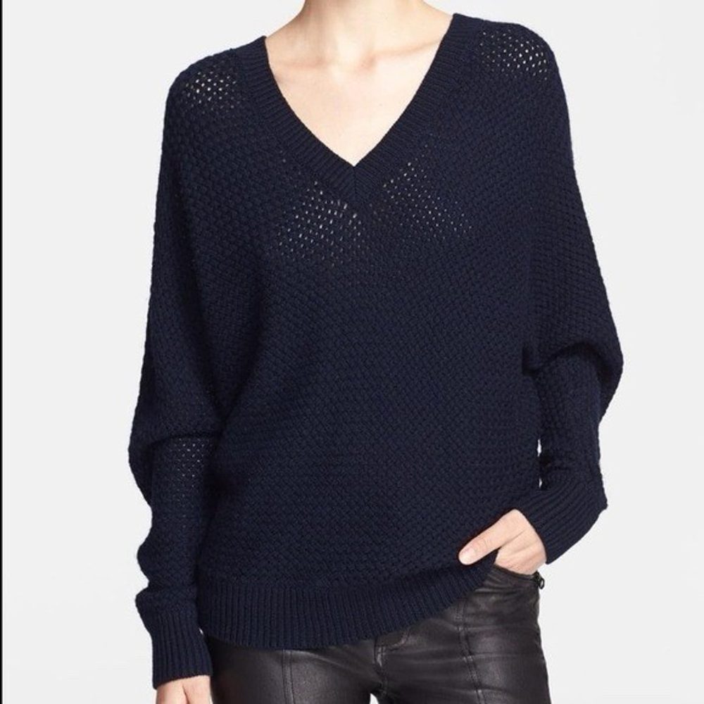 Vince Navy Dolman Knit Sweater S Wool Cashmere V Neck Open Weave Luxe Oversized